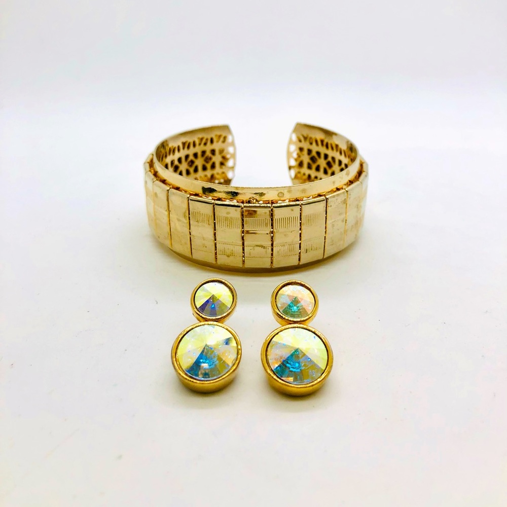 Vintage Aurora Borealis Rivoli Earrings & Retro Bracelet